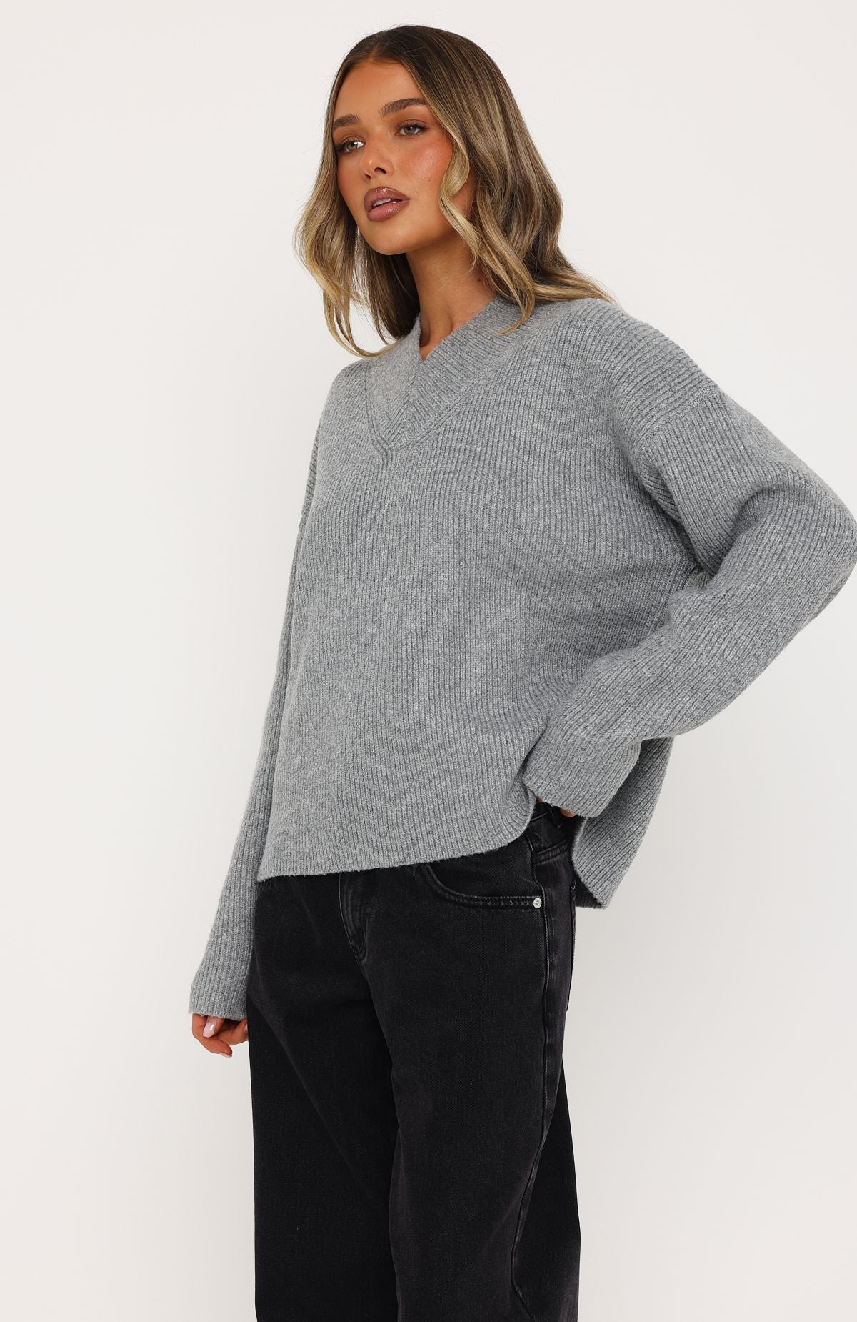 Luzia V Neck Knit Sweater Grey
