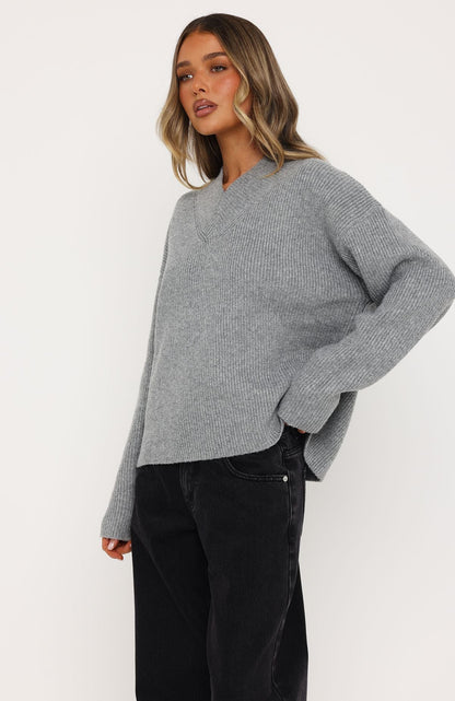 Luzia V Neck Knit Sweater Grey