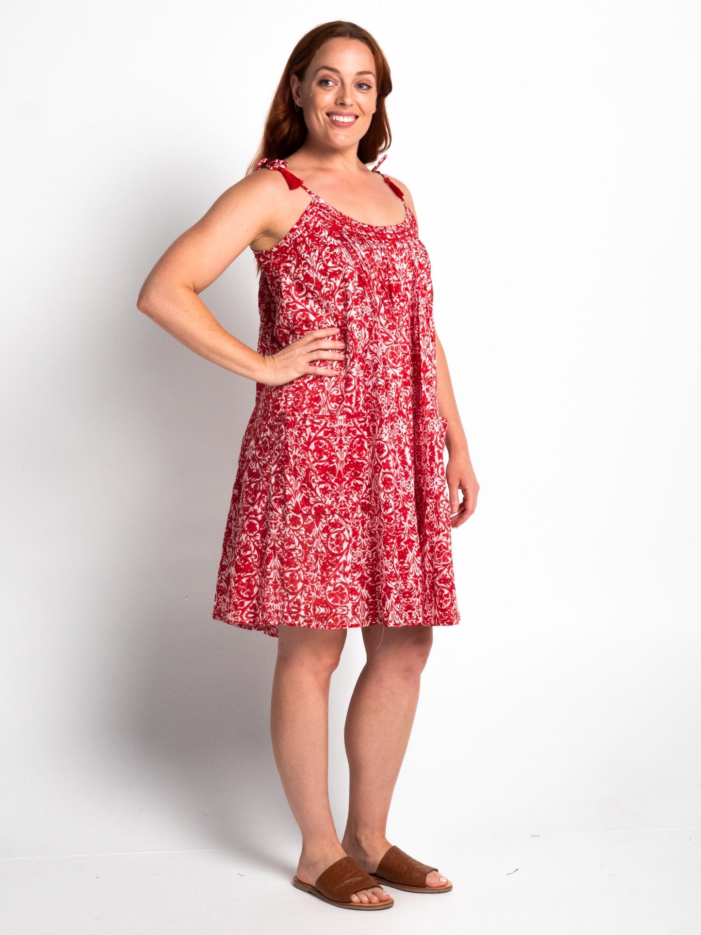 Lucia lined summer dress in Red Leaf print