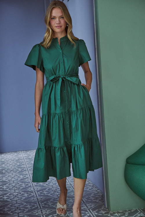 Bellucci Poplin Button Front Tiered Midi Dress