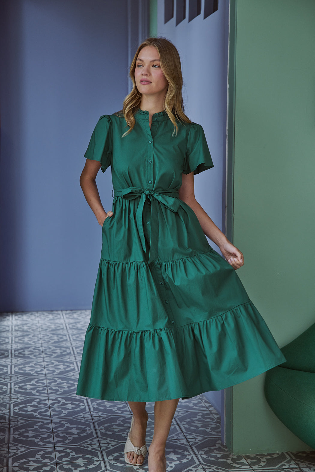 Bellucci Poplin Button Front Tiered Midi Dress