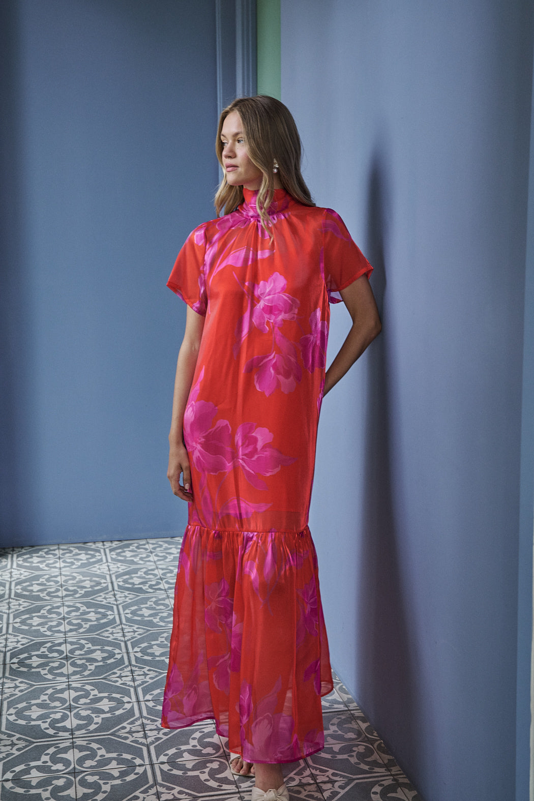 Dime Organza Mockneck Maxi Dress Floral