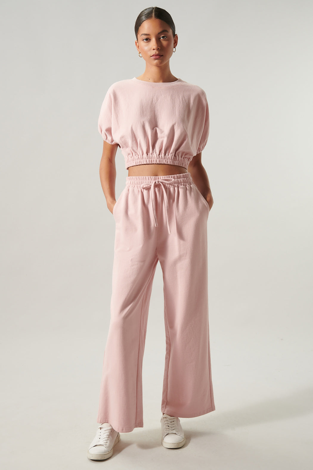 Deanna Dolman Puff Sleeve French Terry Knit Crop Top