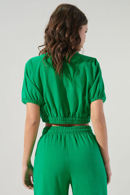 Deanna Dolman Puff Sleeve French Terry Knit Crop Top