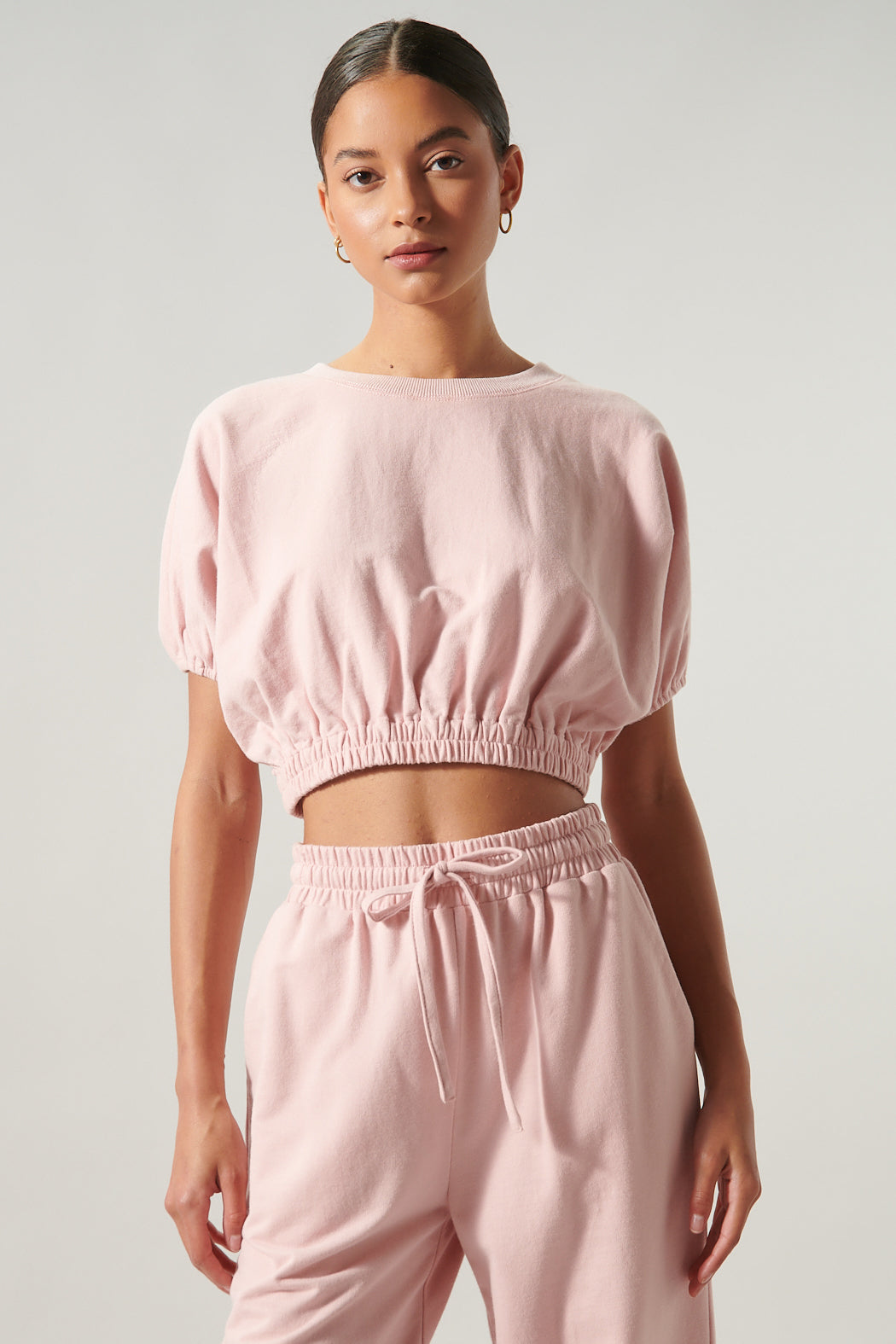 Deanna Dolman Puff Sleeve French Terry Knit Crop Top