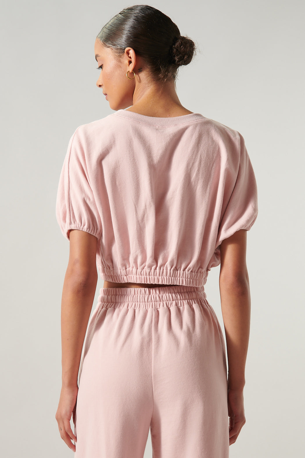 Deanna Dolman Puff Sleeve French Terry Knit Crop Top