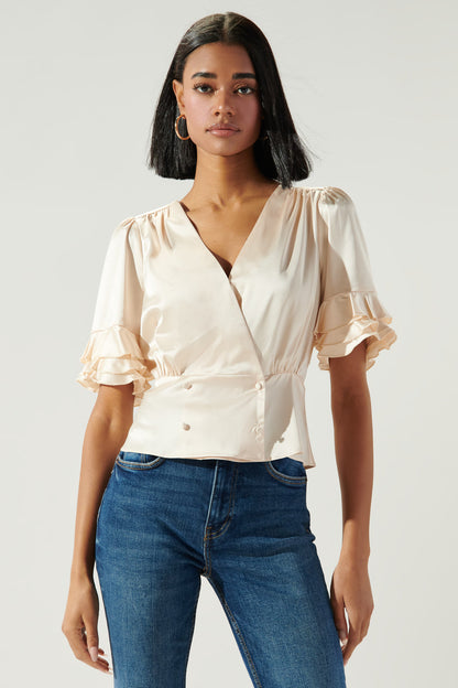 Afterthought Double Breasted Ruffle Sleeve Satin Blouse