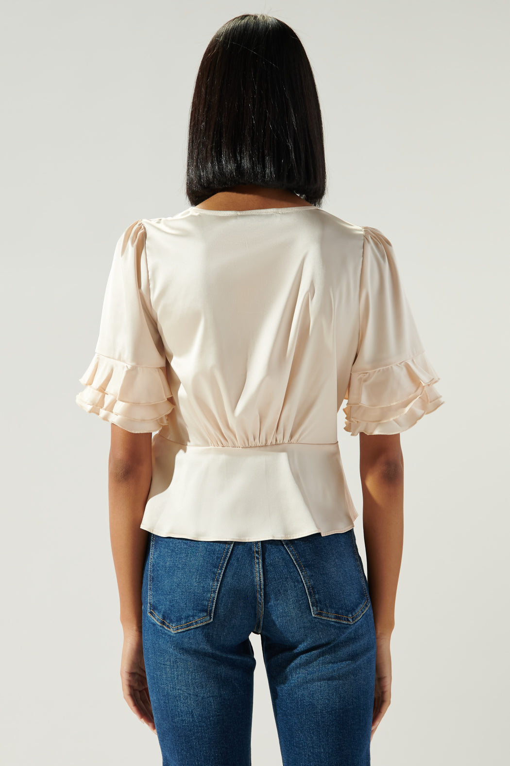 Afterthought Double Breasted Ruffle Sleeve Satin Blouse