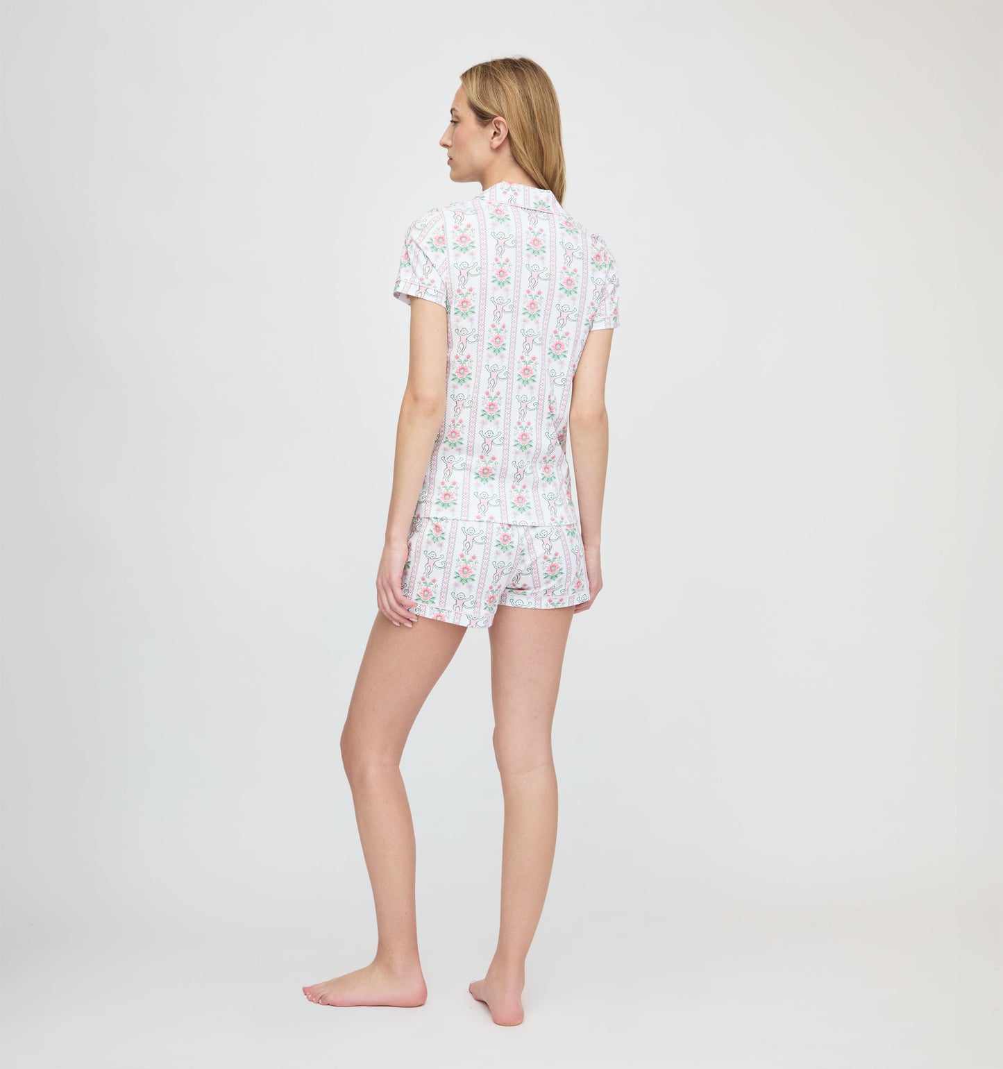 Roller Rabbit x Hill House Polo Pajamas - Pink Monkey Block Stripe