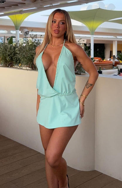Sweet Cheeks Halter Mini Dress Turquoise