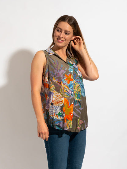 Mozaic Cooloola Top in Khaki Birds
