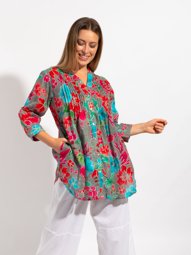 Palm Cove Top in Grey Red Floral