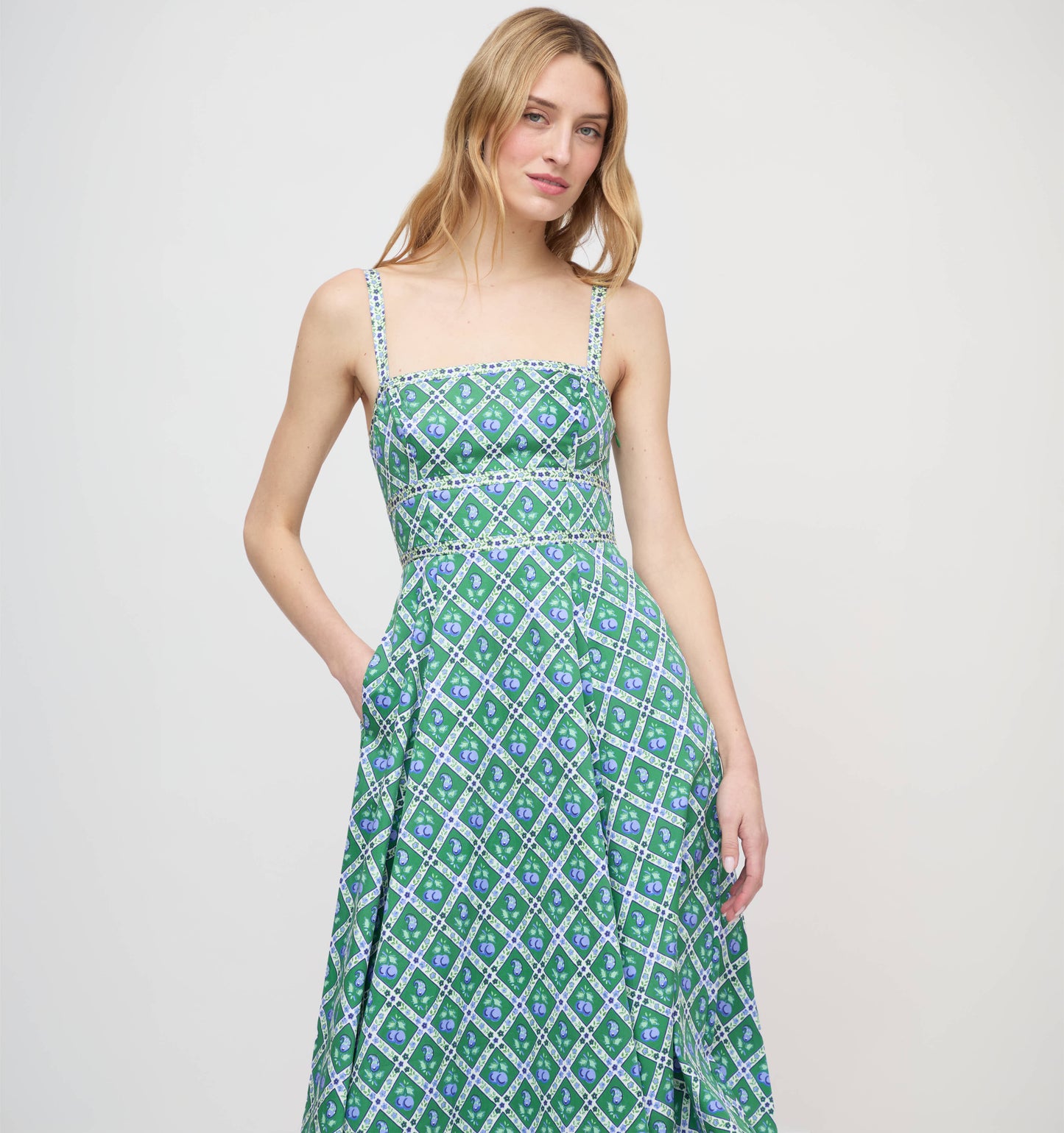The Margot Dress - Diamond Cherries Grass Green