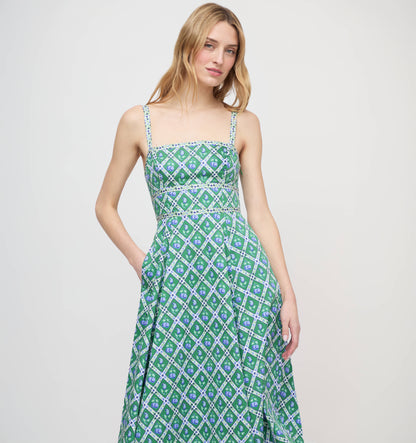 The Margot Dress - Diamond Cherries Grass Green