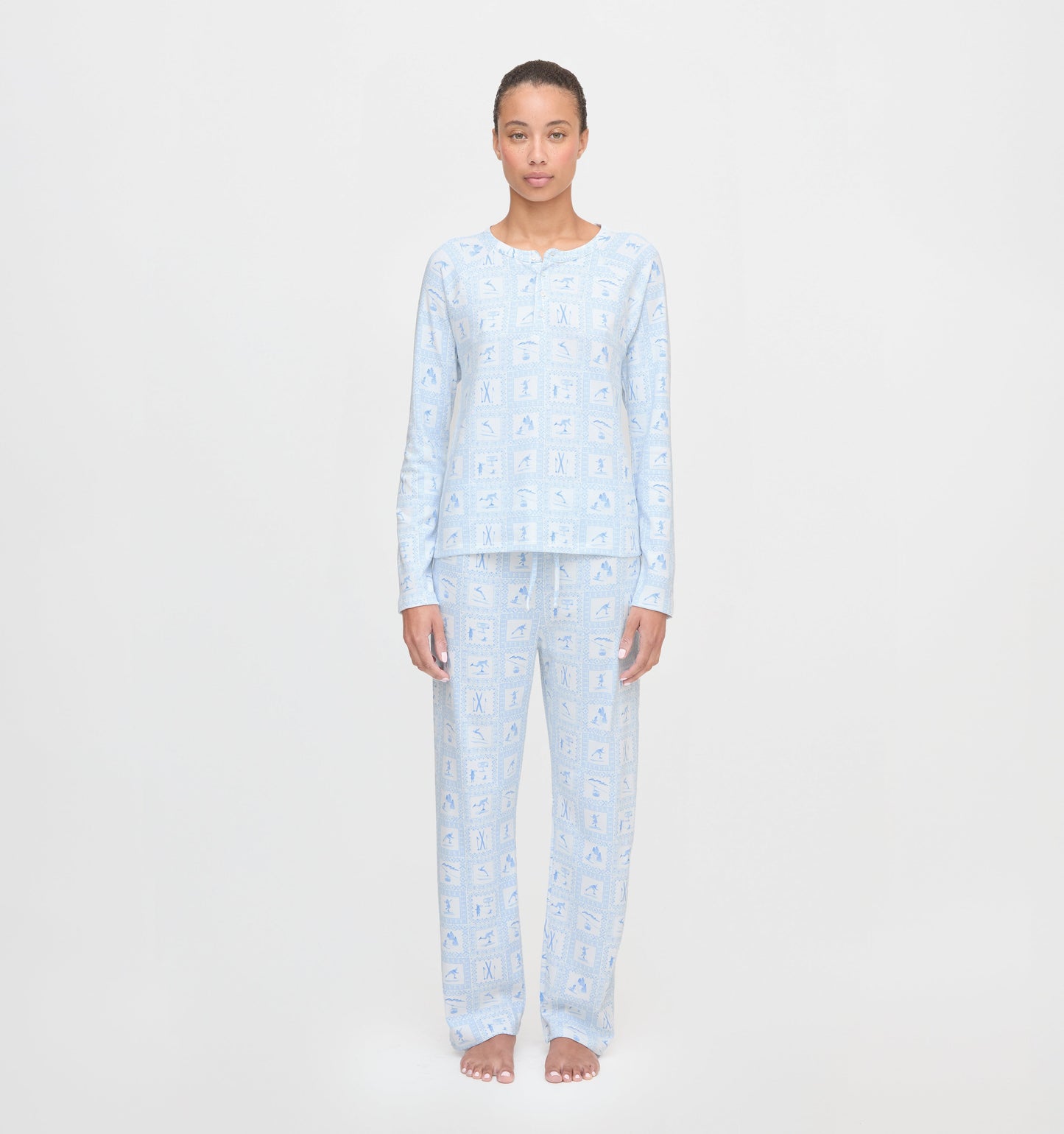 The Olivia Pajama Set - Blue Skiers Toile