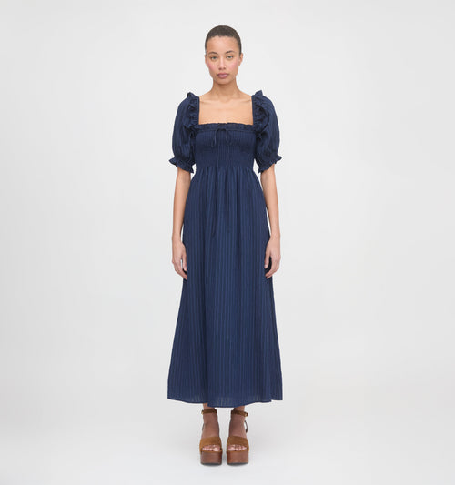 The Scarlett Midi Nap Dress - Navy Tonal Seersucker