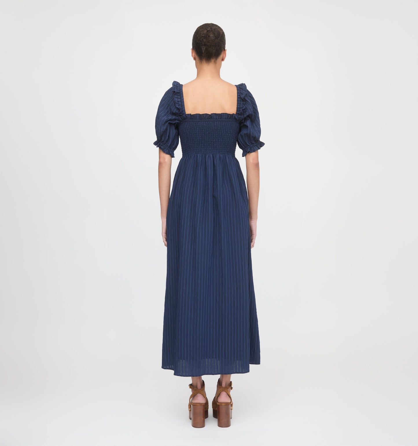 The Scarlett Midi Nap Dress - Navy Tonal Seersucker