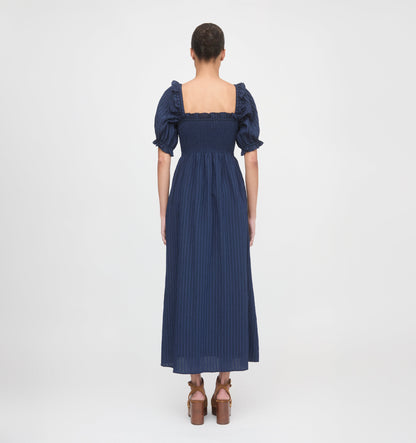 The Scarlett Midi Nap Dress - Navy Tonal Seersucker