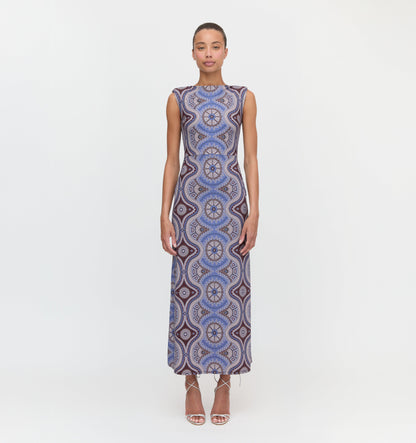 The Sloane Dress - Brown Cobalt Medallion