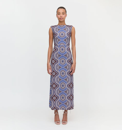 The Sloane Dress - Brown Cobalt Medallion