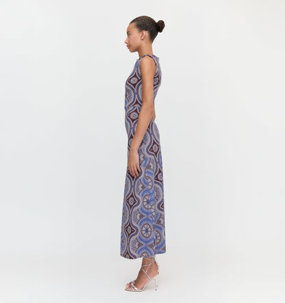 The Sloane Dress - Brown Cobalt Medallion