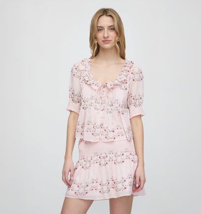 The Camri Top - Pink Floral Vine Scallop