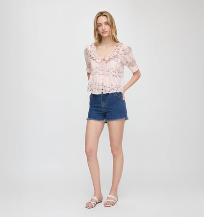 The Camri Top - Pink Floral Vine Scallop