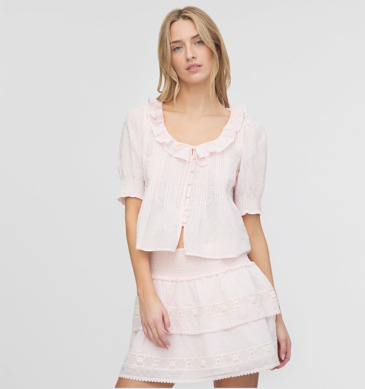 The Camri Top - Powder Pink Swiss Dot
