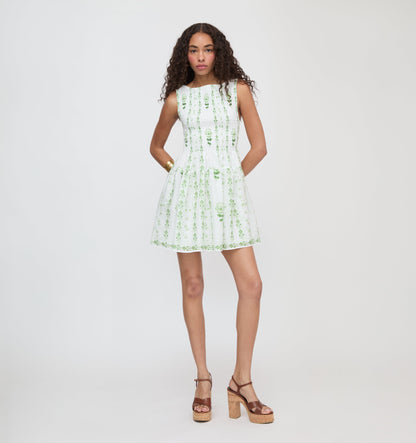 The Cosima Mini Nap Dress - White/Green Arcadia Border