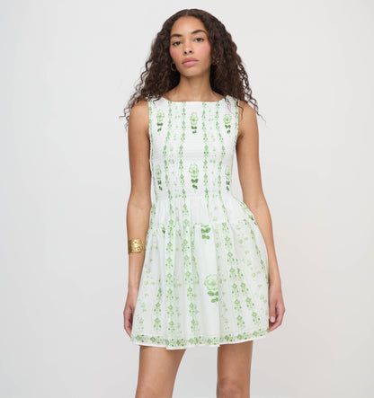 The Cosima Mini Nap Dress - White/Green Arcadia Border