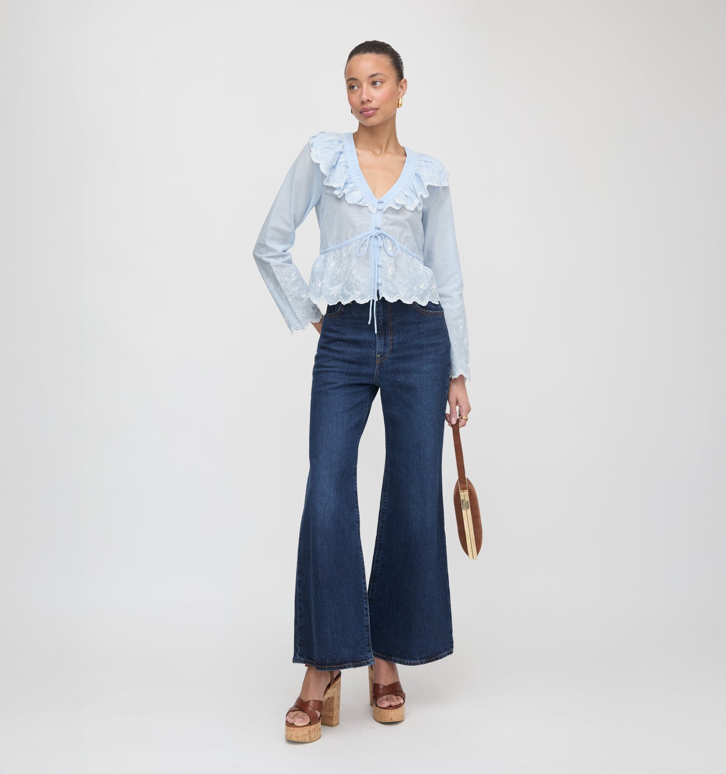 The Zoya Top - Powder Blue with White Embroidery