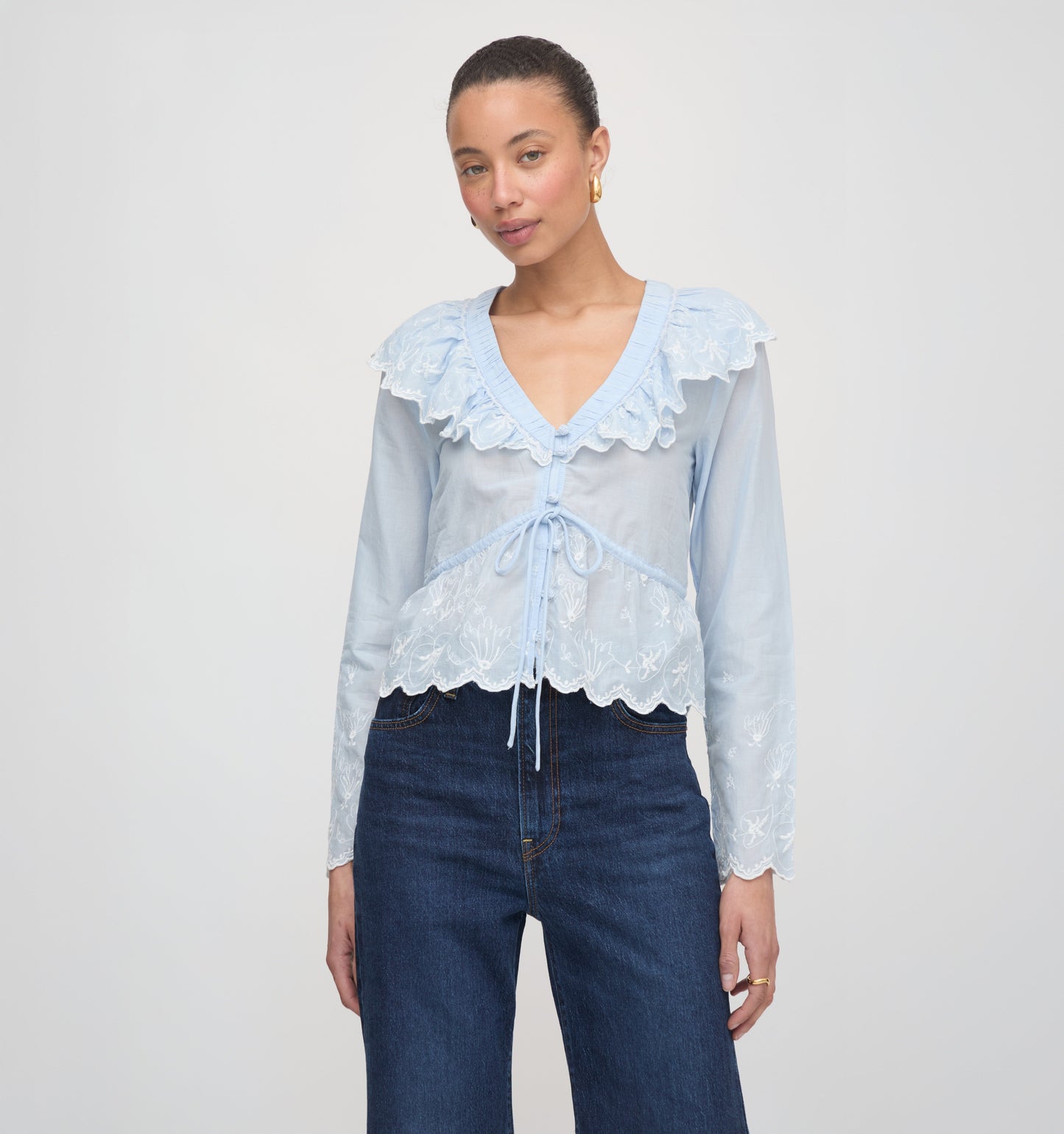 The Zoya Top - Powder Blue with White Embroidery