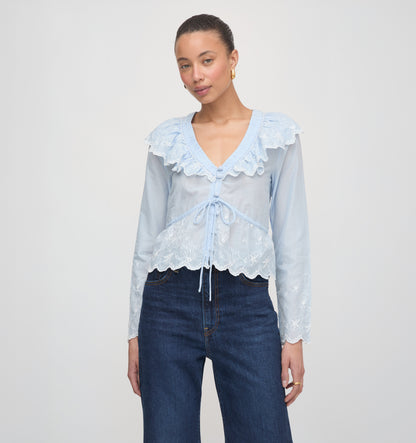 The Zoya Top - Powder Blue with White Embroidery