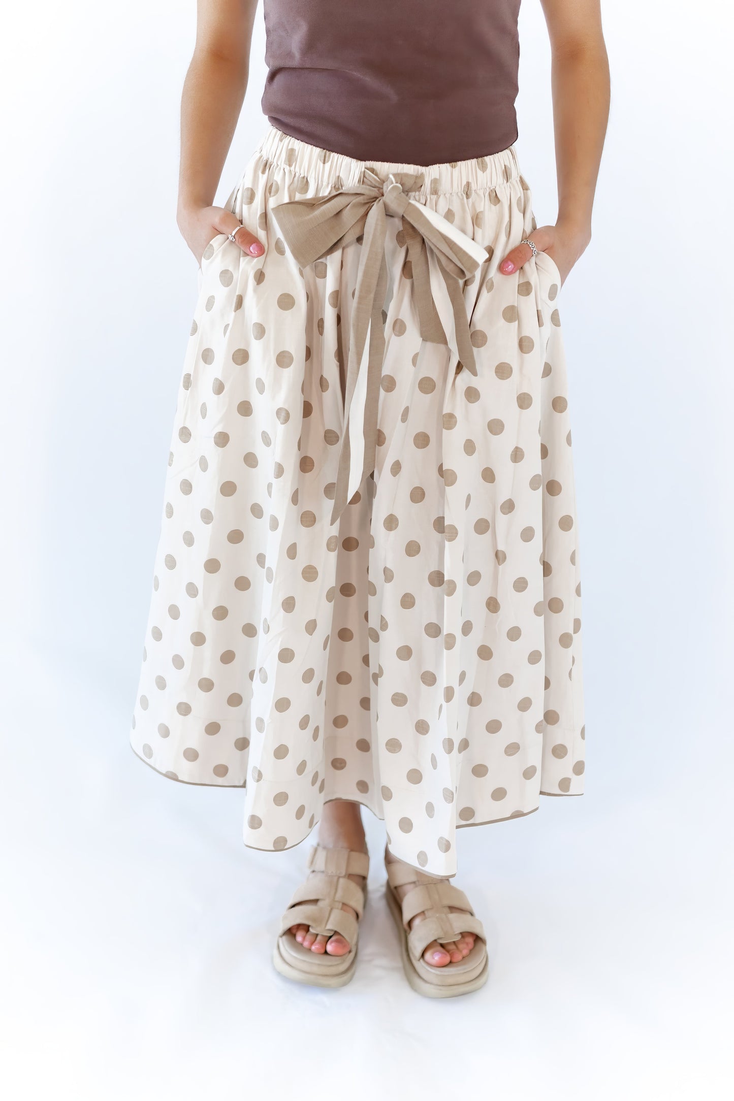 Jenson Polka Dot Tie Skirt · Taupe
