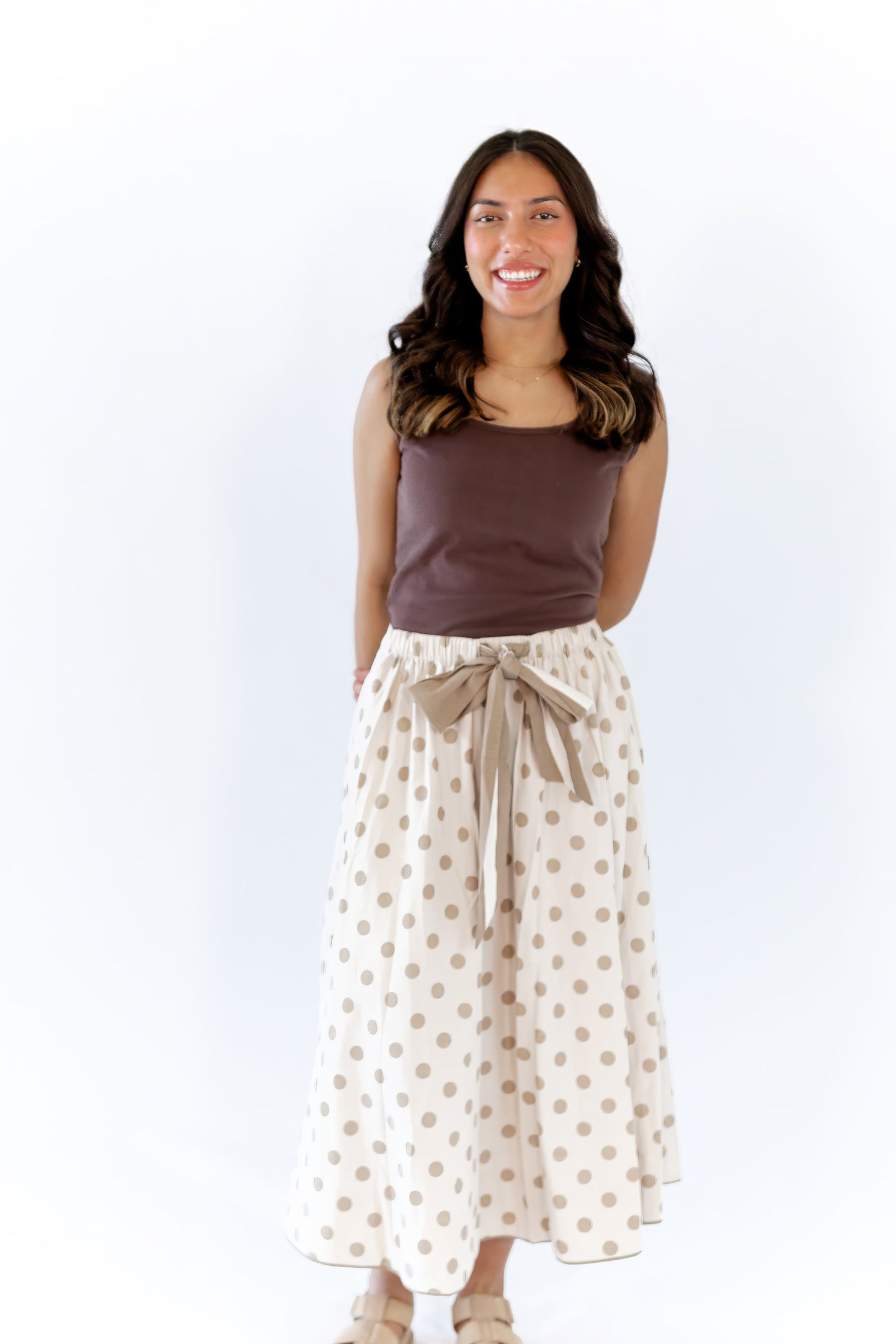 Jenson Polka Dot Tie Skirt · Taupe