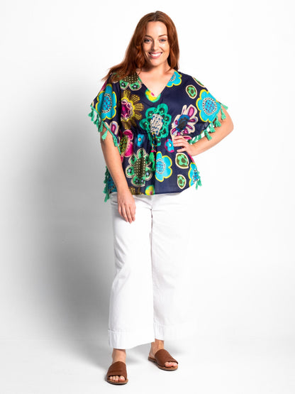 Chilli Tassel Top in Blue Deco Floral