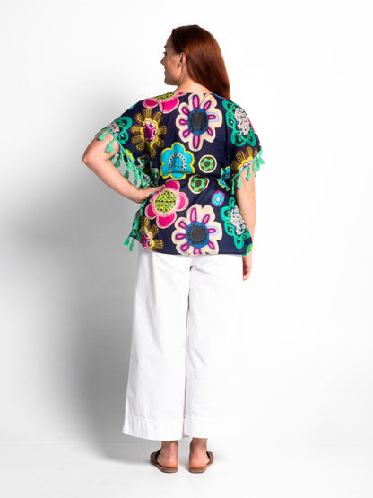 Chilli Tassel Top in Blue Deco Floral