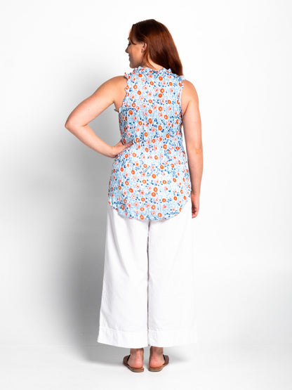 Chilli Top in Orange on Light Blue Floral