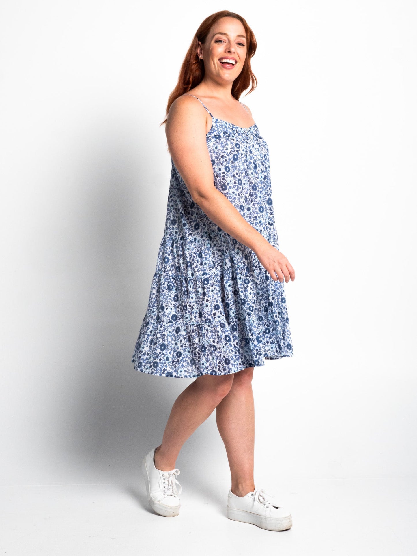 Chilli Strappy Dress in Small Blue Floral