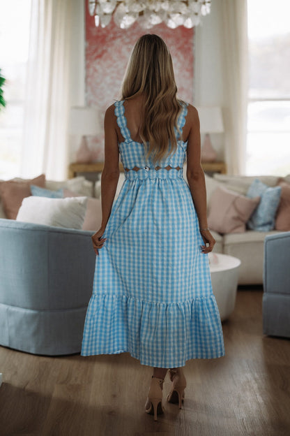 Soft Spring Moment Gingham  Midi  Dress  - Blue