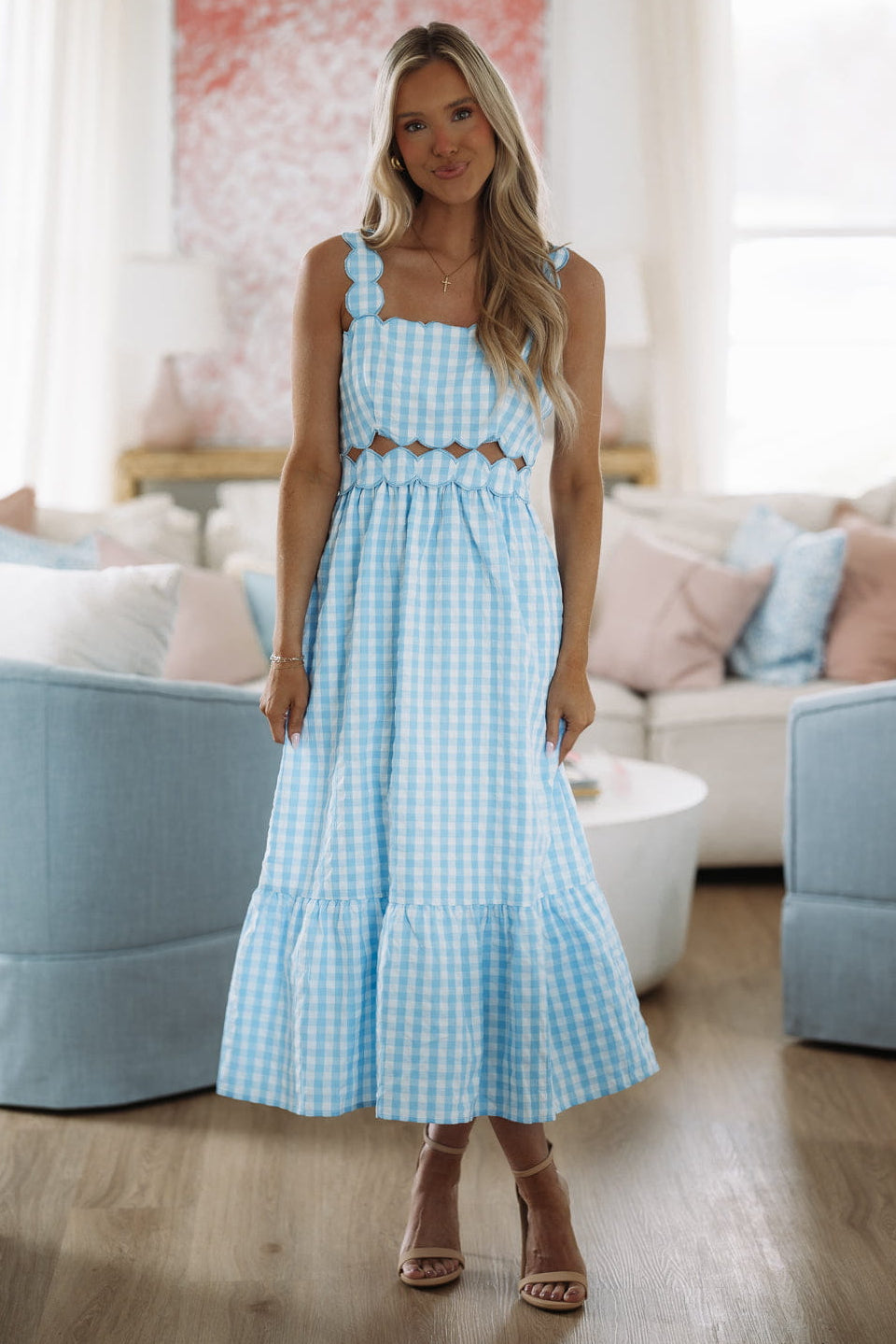 Soft Spring Moment Gingham  Midi  Dress  - Blue