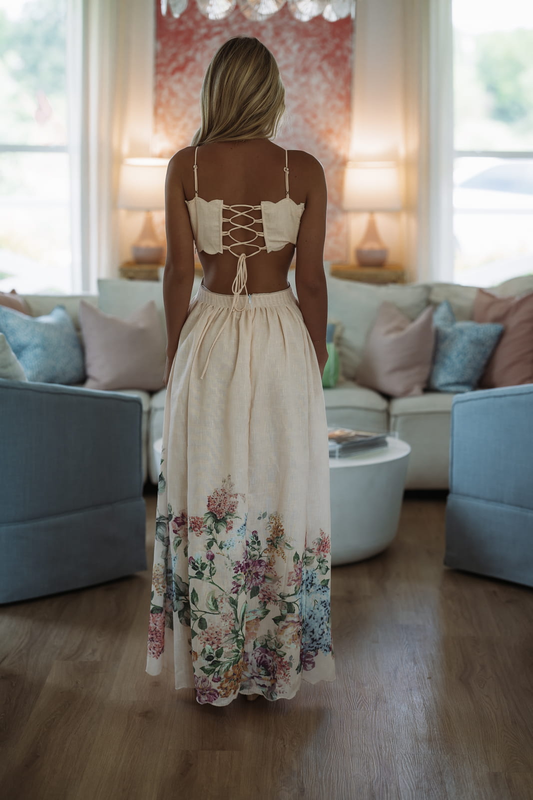 Georgia Peach Maxi Dress - Cream, Purple, Green and Yellow