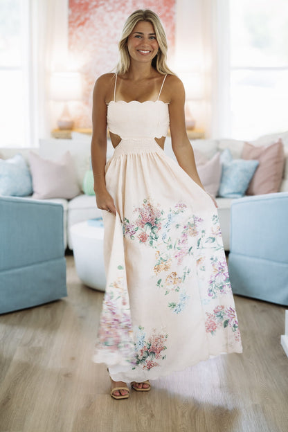 Georgia Peach Maxi Dress - Cream, Purple, Green and Yellow
