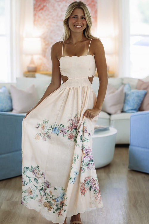 Georgia Peach Maxi Dress - Cream, Purple, Green and Yellow