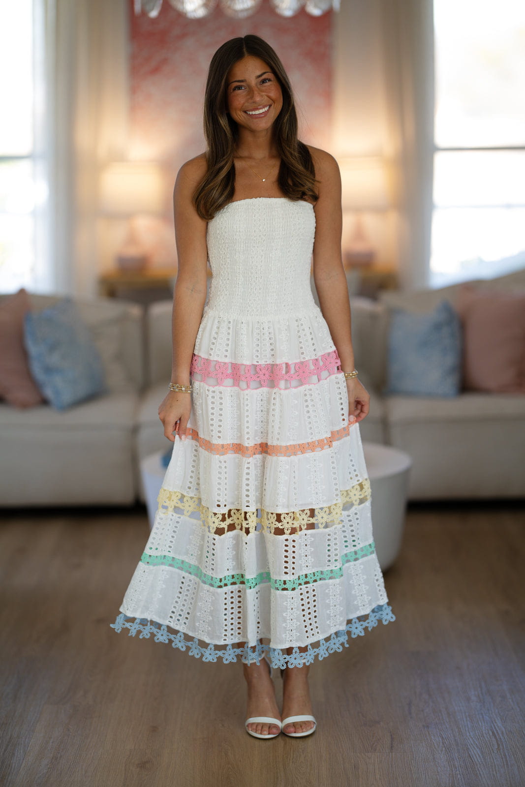 Early Evening Midi Dress - White, Pink, Orange, Green and Blue