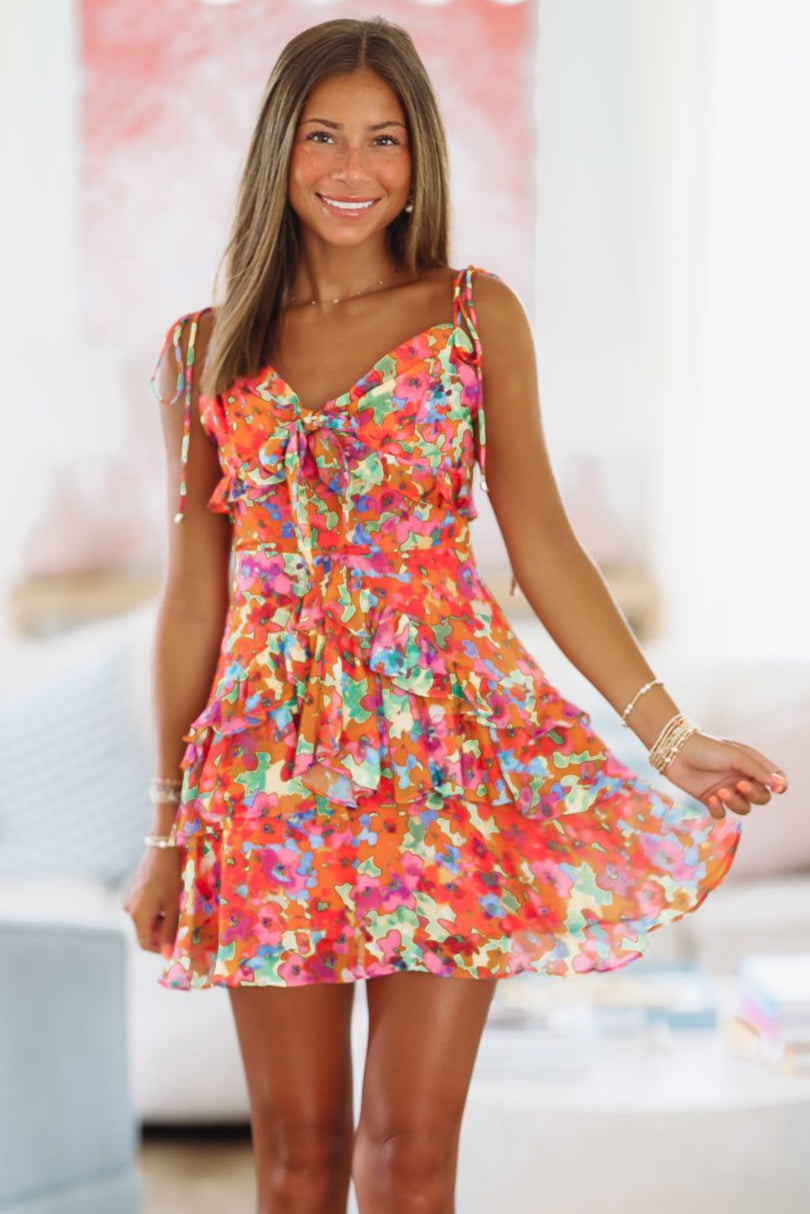 Let's Celebrate Mini Dress - Orange and Pink
