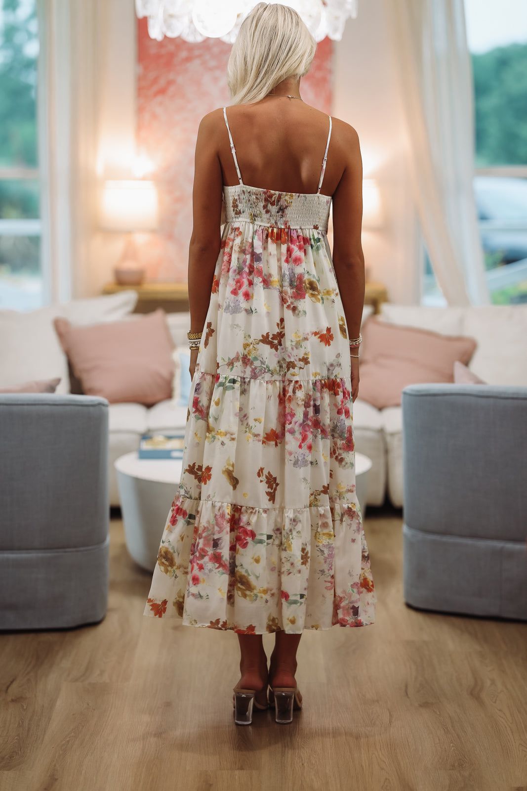 Exciting News Floral Midi Dress - Cream, Yellow and Green