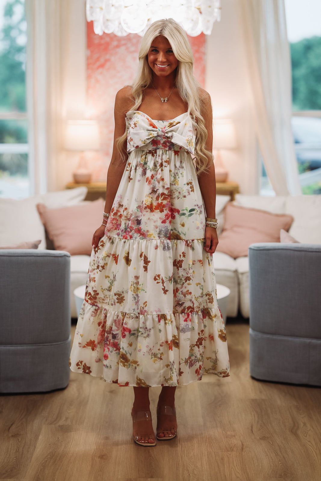 Exciting News Floral Midi Dress - Cream, Yellow and Green