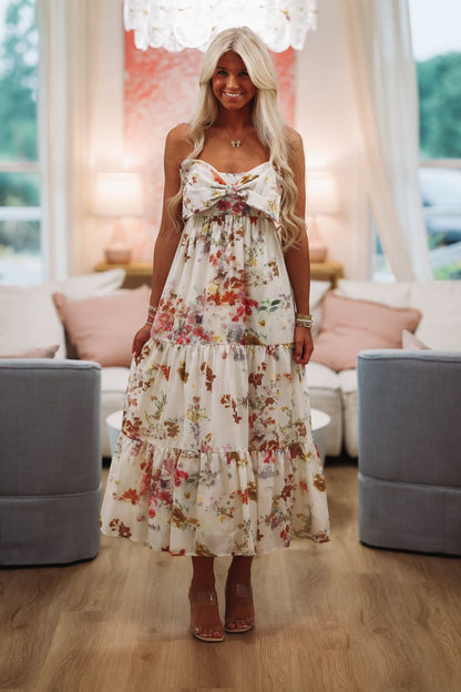 Exciting News Floral Midi Dress - Cream, Yellow and Green