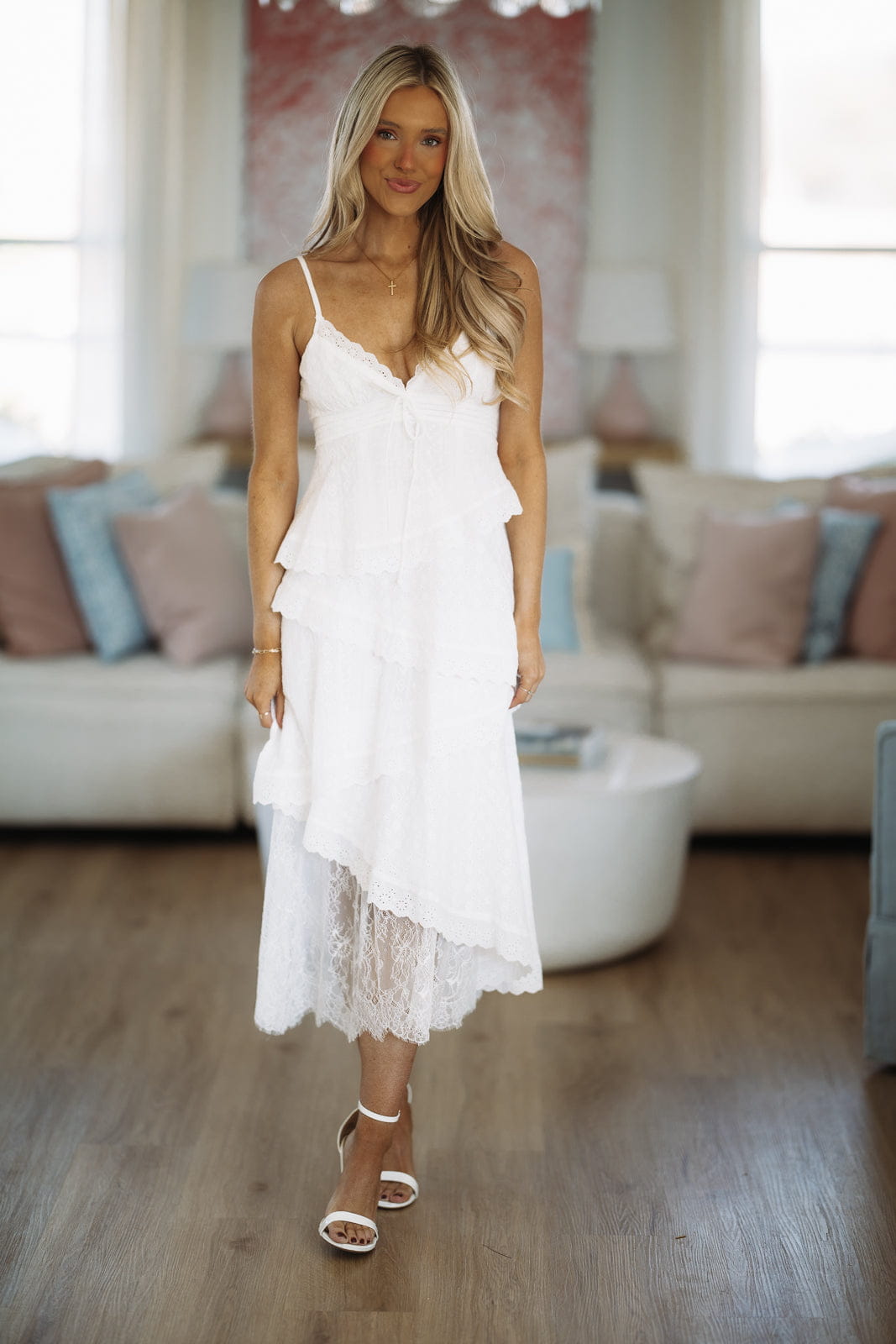 The Coastal Lace Eyelet Midi Dress - White